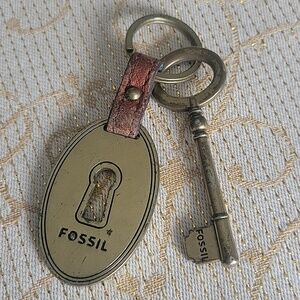 Fossil Brass Key and Leather Keychain